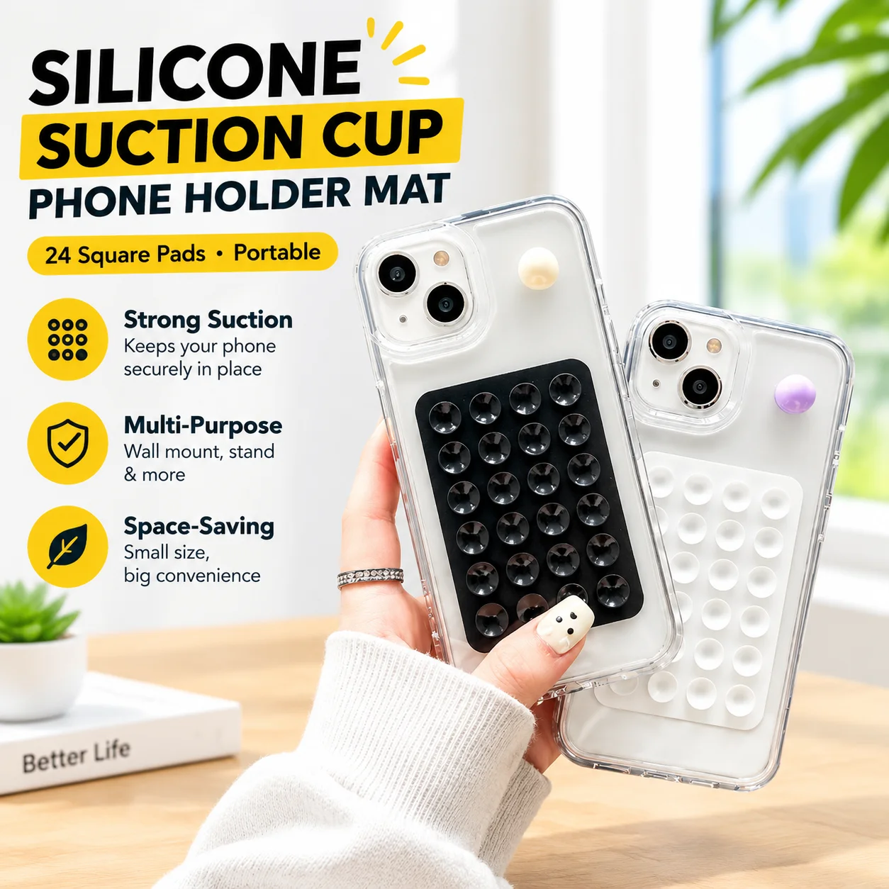 Suporte de celular com ventosa de silicone, 24 almofadas quadradas com adesivo traseiro para iPhone e Android, 8,5x5,5cm, portátil