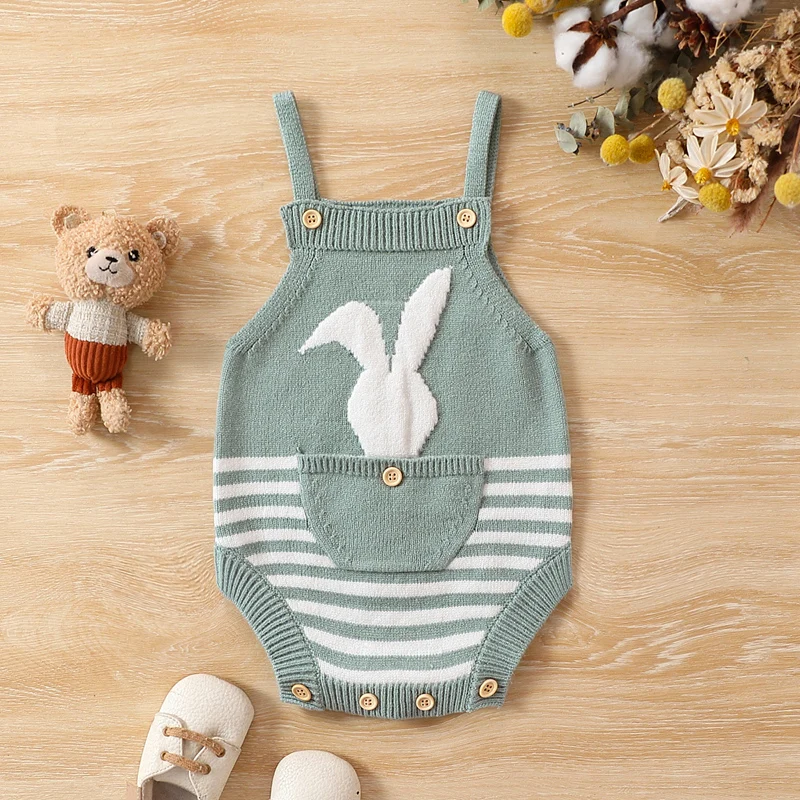 

2023-11-03 Lioraitiin 0-18M Baby Boy Girls Bunny Easter Knit Rompers Sleeveless First Easter Strap Rompers Baby Clothes