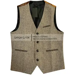 Mens Suit Brown Vest Lapel Neck Wool Waistcoat Casual Formal Double-breasted Business Slim Fit Vest Groomman For Wedding