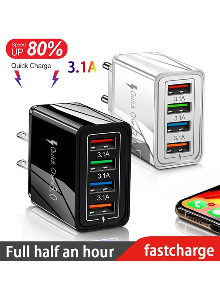 3A USB-Ladegerät 4-Port USB Quick Charge 3.0 EU US Stecker Handy-Ladegerät Wandadapter Tragbares Schnell-Ladegerät für iPhone 16 Pro