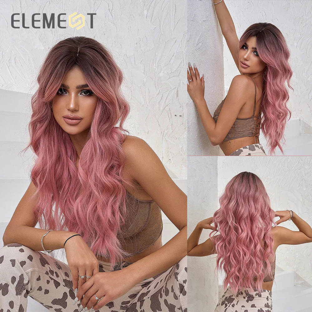 

ELEMENT Synthetic Long Wavy Curly Ombre Top Black to Pink Color Wigs for Women Ladies Heat Resistant Party Daily Hair Natural