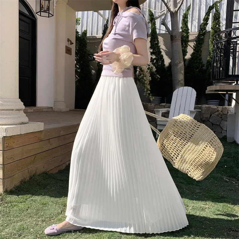 White Chiffon Accordion Pleat Skirt Matching Inner Slip Dress Slimming Long Base Layer Fairy Skirt for  Ensemble