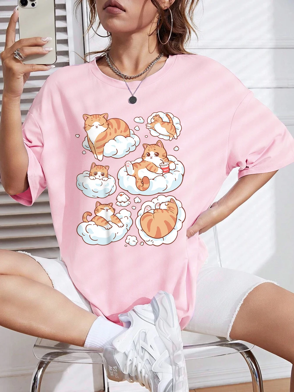 Comfortable Lying Positions For Cats Prints T-Shirts Womens Cotton Summer Tops O-Neck Breathable Loose T Shirt Basic Clothes