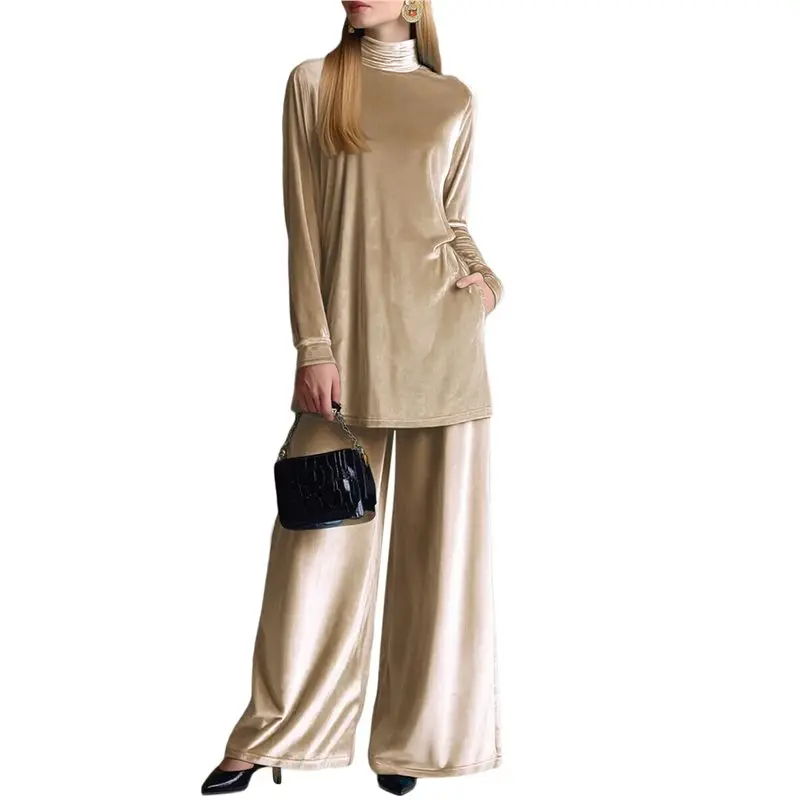 

CYL-Womens Velvet Pant Suits: Fall Winter 2 Piece Outfits With Turtle Neck Top And Wide Leg Pants