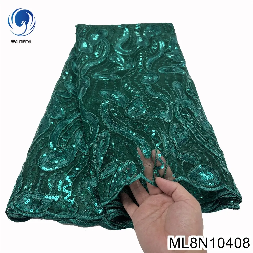 

African Sequin Fabric for Evening Dress, French Tulle Lace, Exquisite Embroidery Craft, Pure Dark Green, Quality, ML8N104