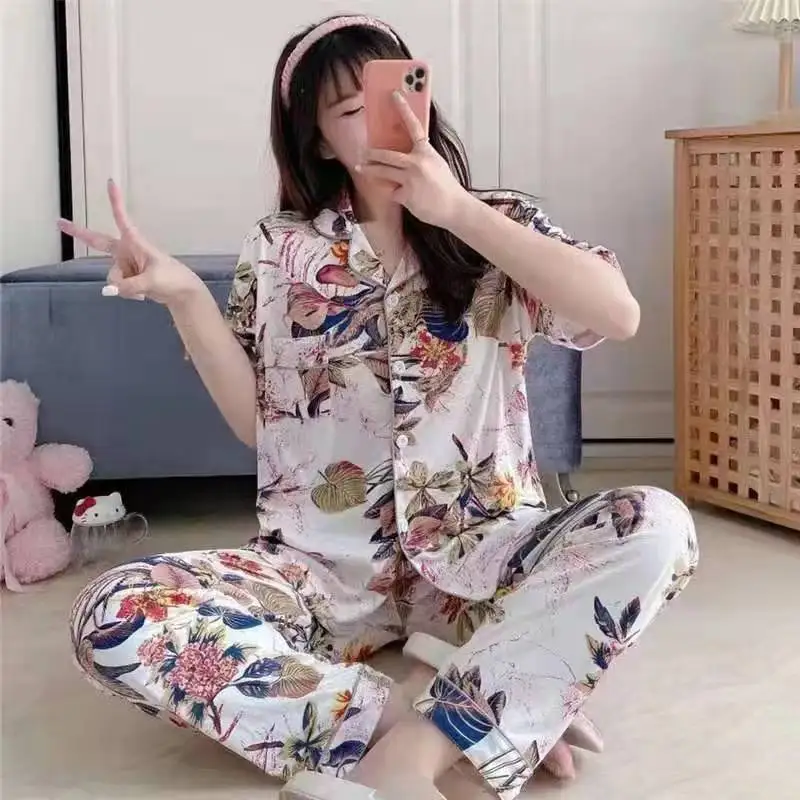Spring and summer milk silk pajamas women's short sleeved trousers home wear 2024 new large print casual lovely sweet suit
