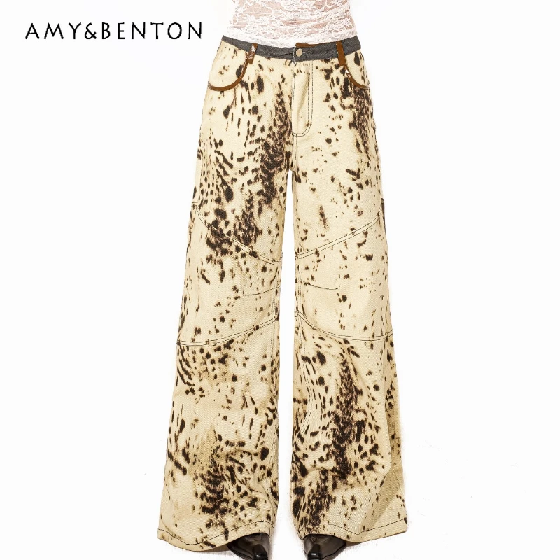 

American Retro Leopard Print Women's Jeans 2025 Autumn Winter New Design Sweet Cool Hot Girl Floor-Length Wide-Leg Pants Ladies