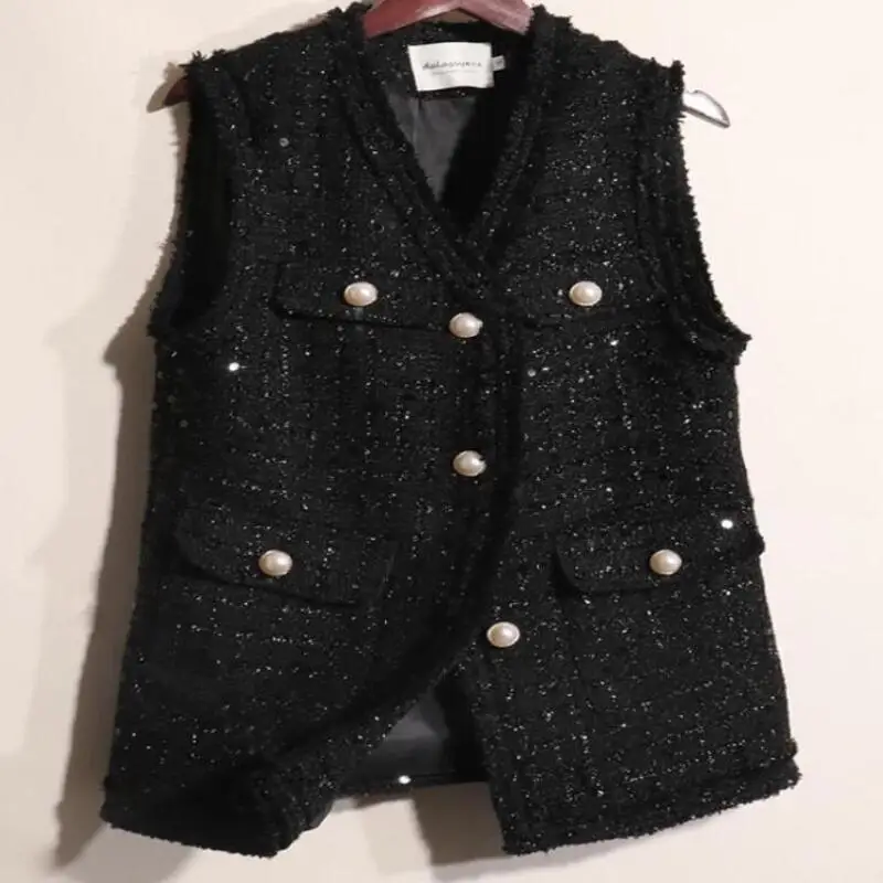 

Женский кардиган-жилет с пайетками и твидом, больших размеров, для весны и осени, новая коллекция, средней длины, свободного кроя, черный, в стиле «ленивый шик»
