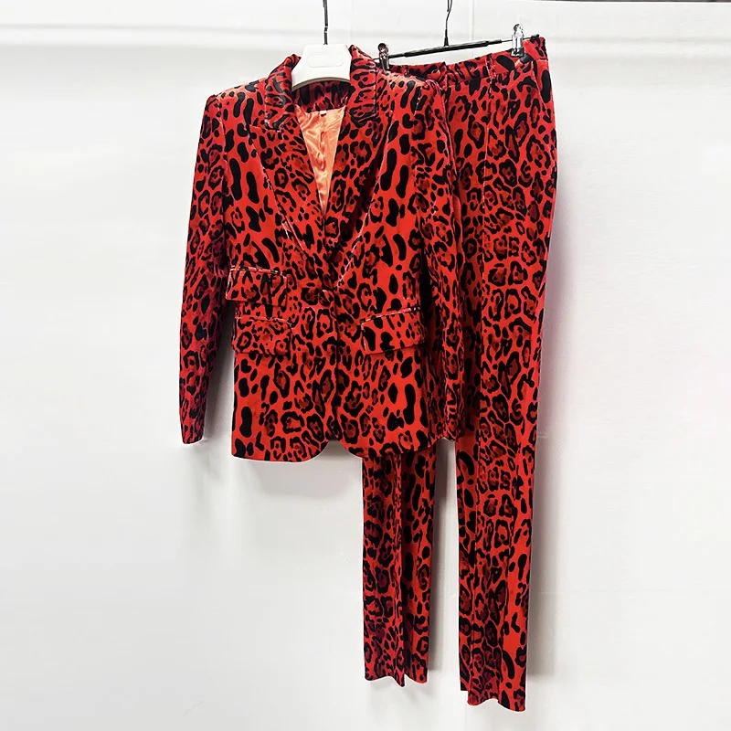 High-End Women Velvet Set 2025 New European American Runway Professional Leopard Print Suit with Skinny Pants Two-Piece Set