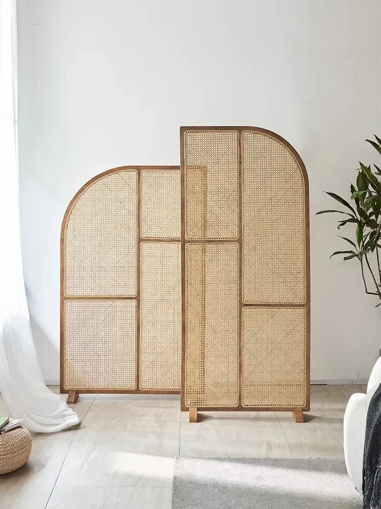 Japanese solid wood rattan screen small apartment living room porch partition wall movable bedroom Chinese office seat screen