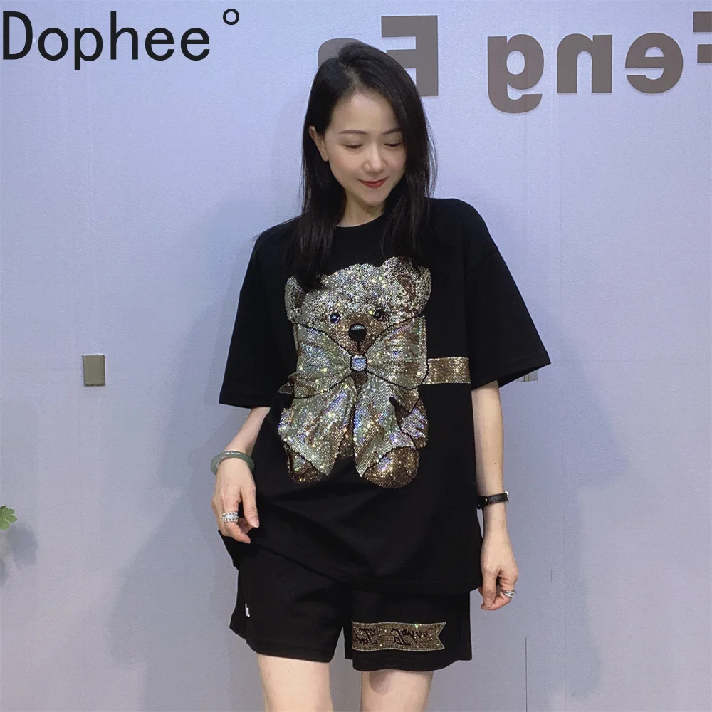 

Fashion Summer Sports Two-piece Set Cartoon Hot Drilling O-neck Pullover Loose Short Sleeve T-shirt Top Casual Wide Leg Shorts