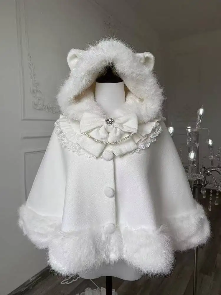 Damen Herbst Winter Japanische Schleifenrüschen-Ponchos Lolita-Stil Süße Kawaii Capes Mantel Vintage Warme Bequeme Oberbekleidung