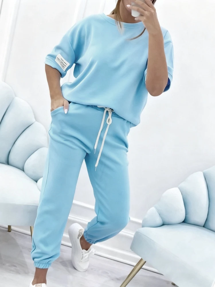 

Women Elegant Simple Sportswear Outfit Fashion O-neck Pullover & Drawstring Pant Set Casual Half Sleeve Solid Loose 2 Piece Suit