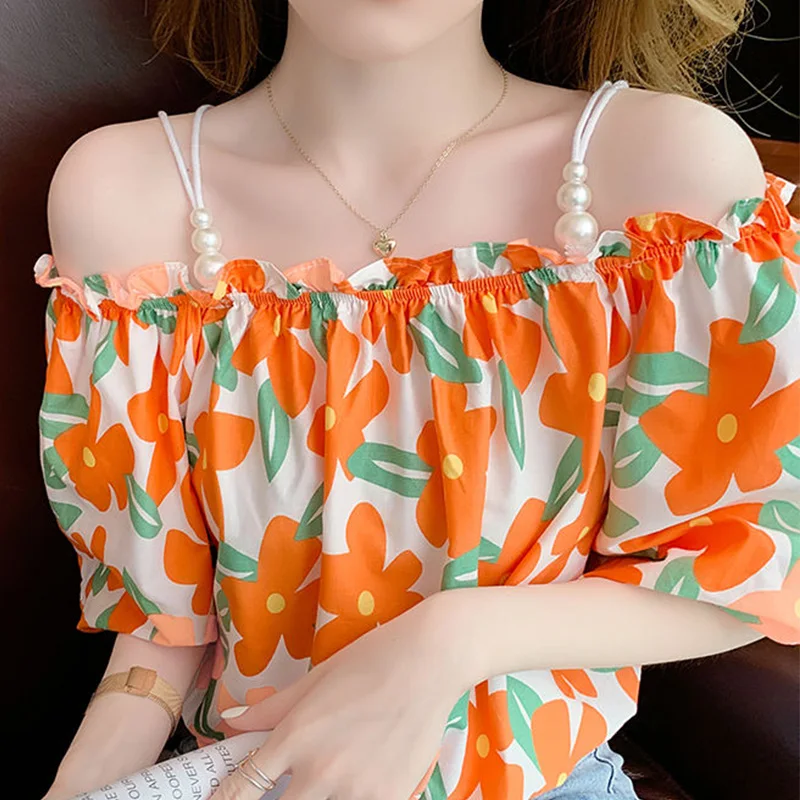 Summer Fashion Sweet Floral Print Off Shoulder Casual Chiffon Shirt Sexy One Word Collar Puff Sleeves Suspender Top Blouse Women