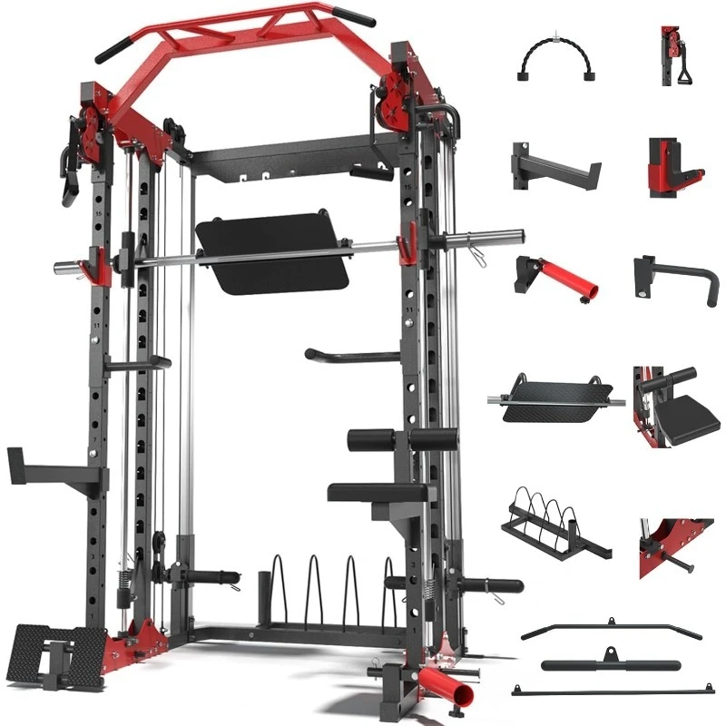 เครื่อง Smith สําหรับโฮมยิม, Power Rack พร้อม Cable Crossover, Squat Rack พร้อมขากดและ Advanced LAT Pull-Down, 2000LB
