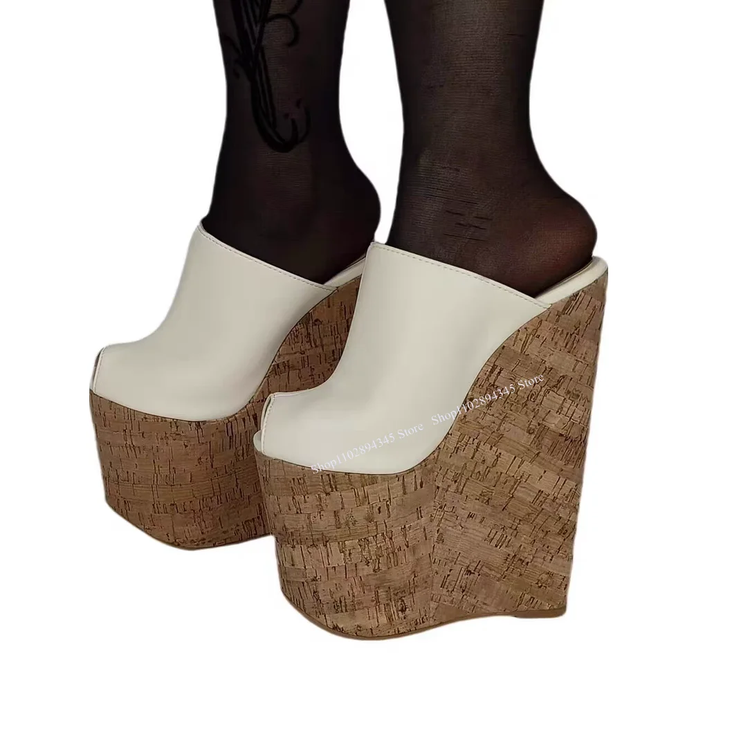 

White Wood Pattern Slip On Platform Pumps Peep Toe Wedge Heel Fashion Cool Summer Big Size 2025 Woman Shoes Zapatillas Mujer