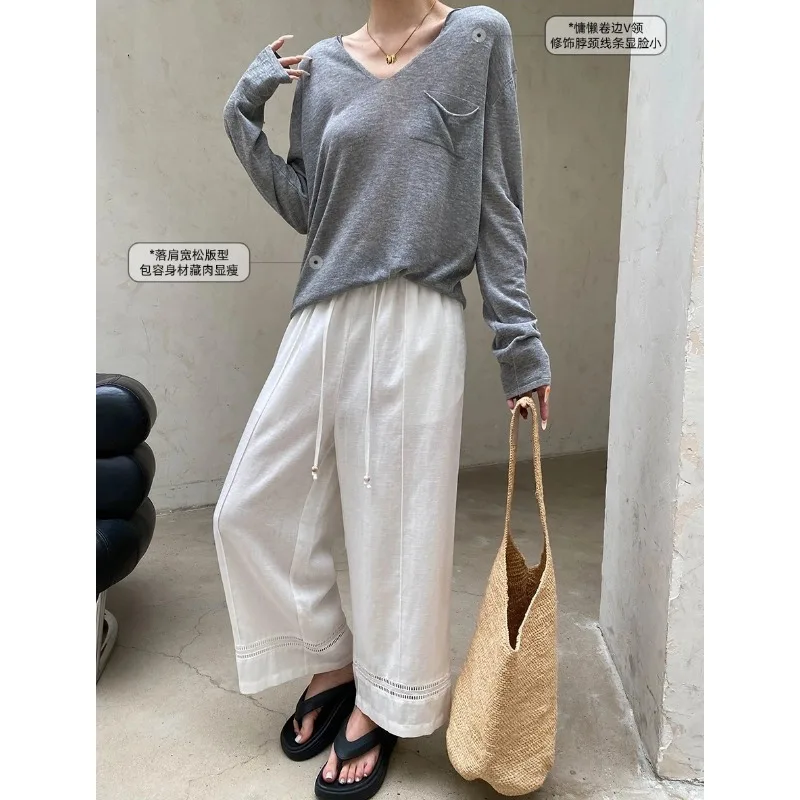 2026 Autumn Tencel linen Material Women Long Sleeve Knitted Soft V-Neck Thin Pullovers Women Tops Sweater Blusas Roupa Feminina