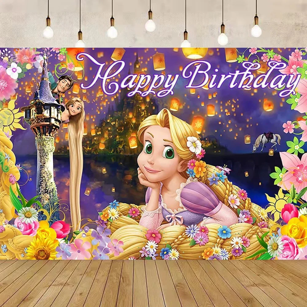 Disney Rapunzel Backdrop Happy Customized Background Gift Girl Princess Birthday Party Decoration Supplies Baby Shower Banner