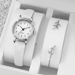 2PCS/Set Fashion Small Arabic Dial Women's Watch Casual Leather Band Quartz Watches Bracelet Set(Without Box)
