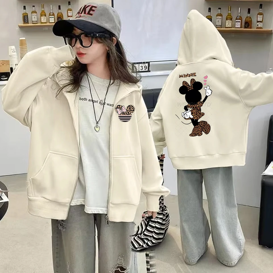 

Girls Street Style Leopard Minnie Mouse Zip Up Hoodie Minnie & Leopard Print Design Kid 3-12 Year Zipper Hoody Coat Sweatshirts