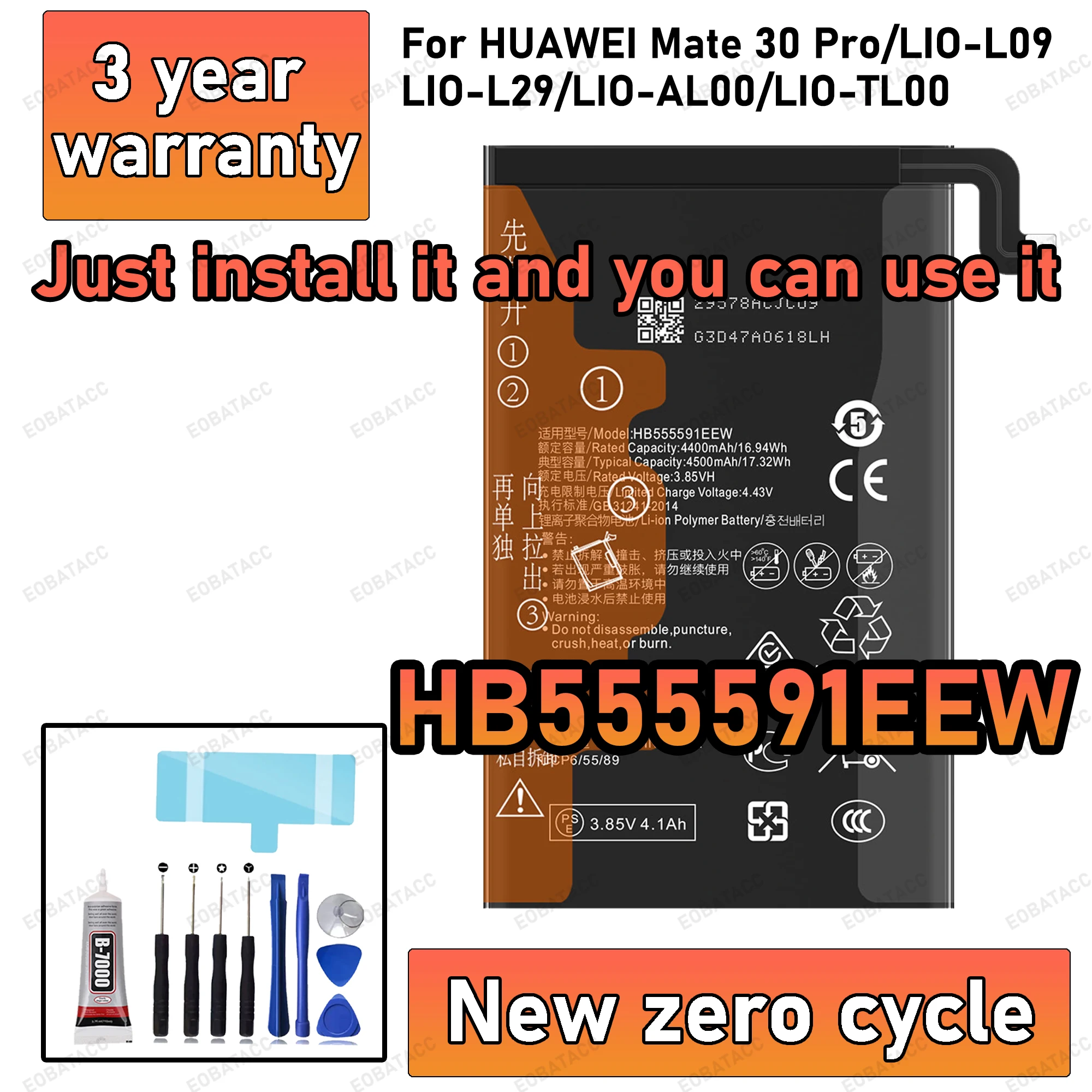100% New High Capacity HB555591EEW Battery For HUAWEI MATE 30 Pro/LIO-L09/LIO-L29 Replacement batteries +Free Tools