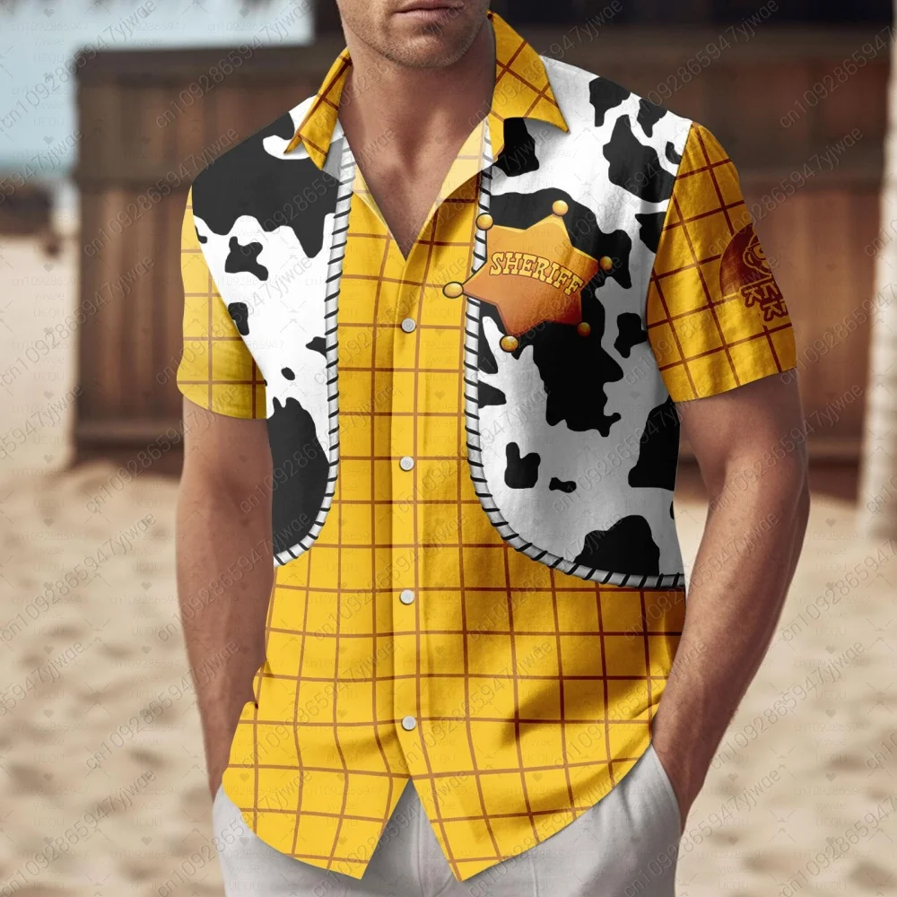 قميص رجالي بأزرار وودي، قميص وودي مطبوع بأكمام قصيرة وطية صدر السترة، قمصان رجالية كاجوال بأزرار سفلية للصيف، قمصان للارتداء اليومي #1