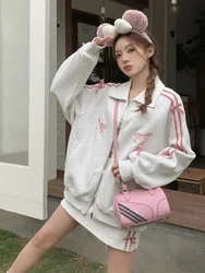 Korean Velvet Bow Bars Coat 2 Piece Set Women Design Sense Cardigan Hoodie Skirt Sets Female Fashion Cute Zipper Sports Suit