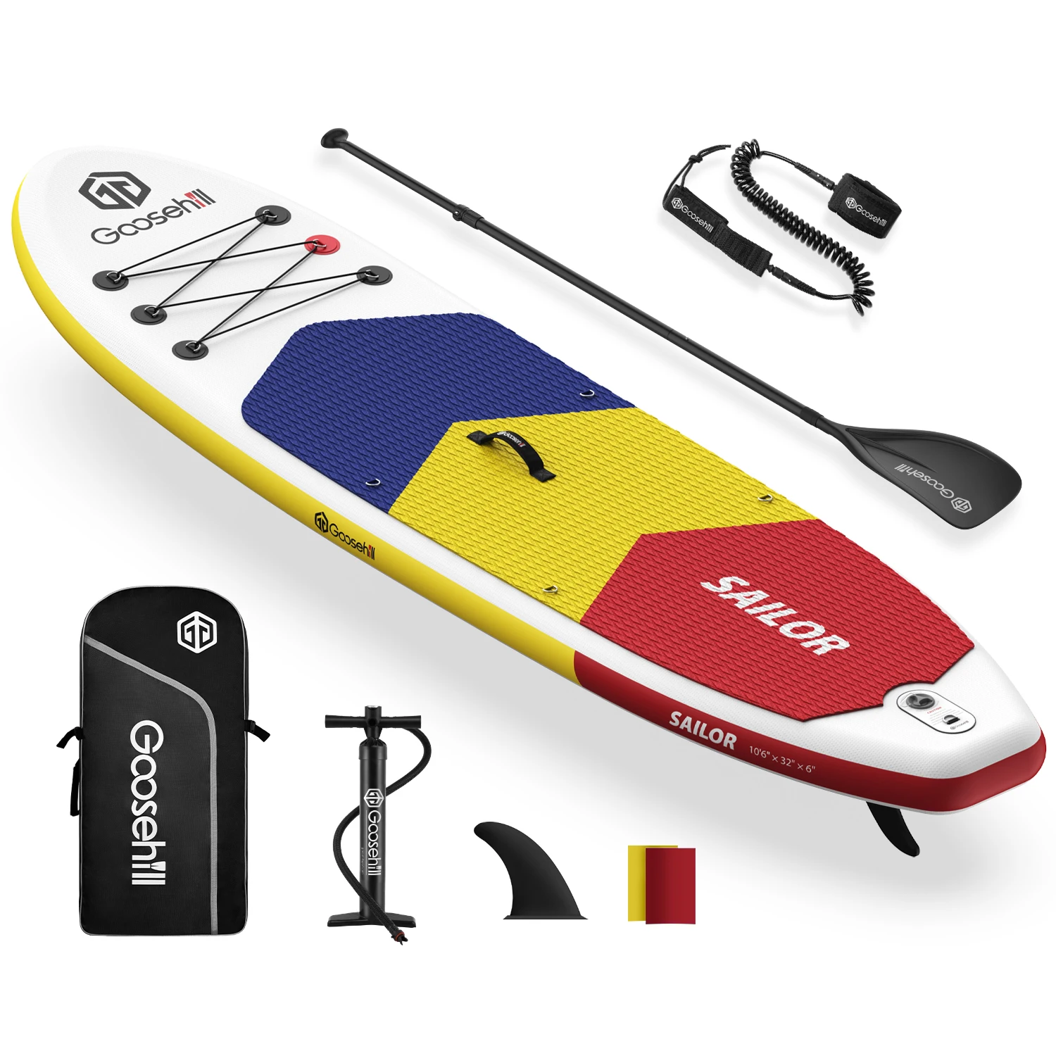 

Goosehill Inflatable Stand Up Surfboard Paddle Board, Premium SUP Package, 10' 6"x32"x6", Darkblue + Lemonyellow + Red