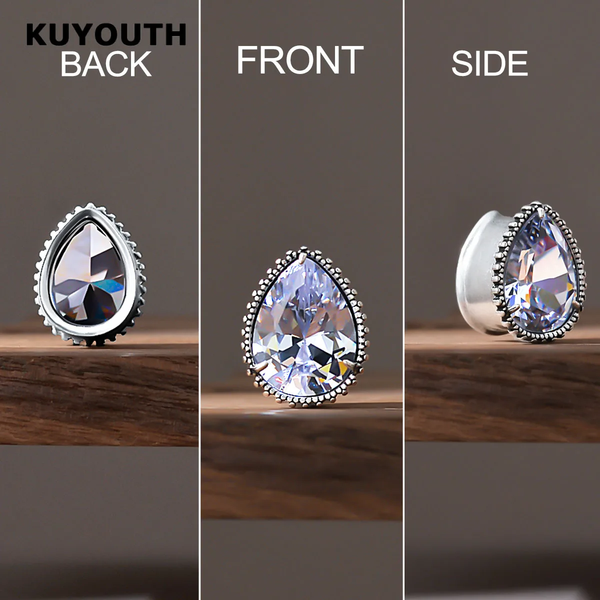 KUYOUTH Fashion Copper Drop-shaped Zircon Expanders Ear Tunnels Plugs Gauges Stretchers Piercing Earring Jewelry 2PCS