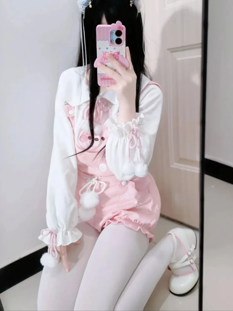 Sweet Kawaii Japanese Style Soft Pink Cat Embroidery Pocket Fluffy Pom-Poms Ruffle Hem Bud Overalls For Women Summer Daily Wear