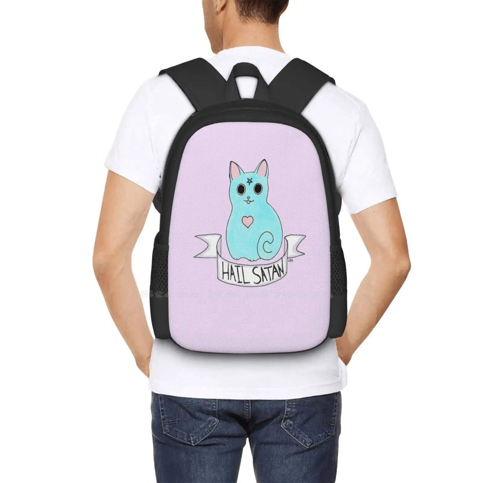 Hail Satan Cat New Arrivals Unisex Bags Student Bag Backpack Cat Blue Hail Satan Evil Rude Pastel Goth Soft Grunge Pale