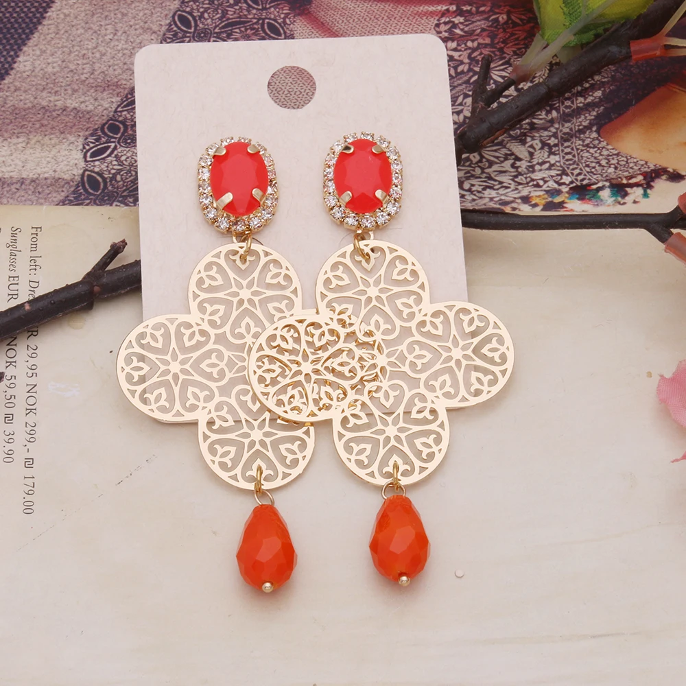 Drop Orange Earrings Copper Dangle Bohemian Metal Carving Hollow Pattern Crystal Water Charm Hot Fashion Jewelry Accessories