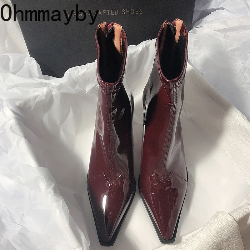 High Heel Women Short Boots Fashion Zippers Shoes Retro Style Autumn Winter Pointed Toe Ladies Dancing Party Prom Shoes