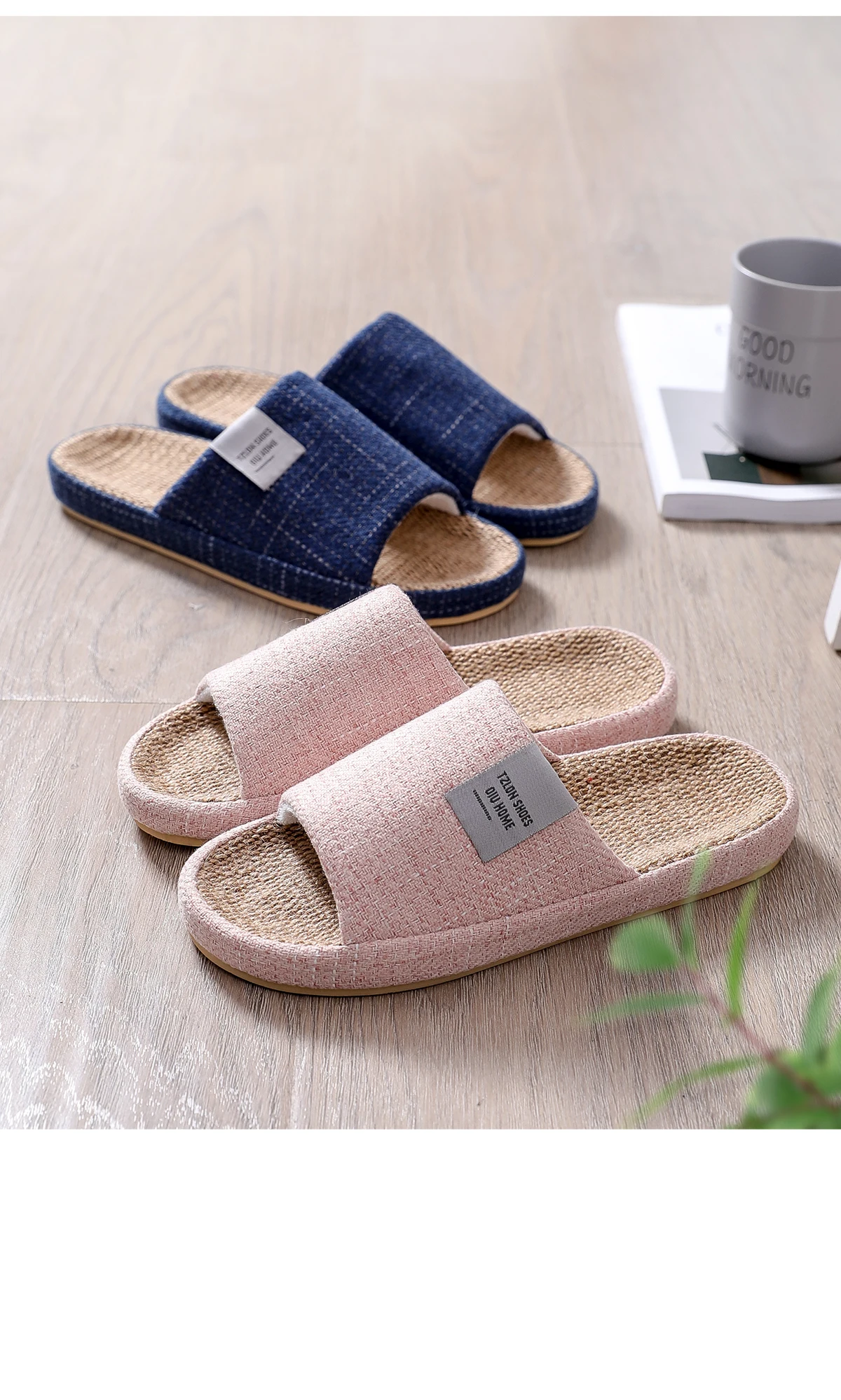 TZLDN Sommer Damen Hausschuhe Leinen Sommer Leichte Flache Sandalen Atmungsaktive Bequeme Rutschfeste Rutschen Indoor Herren Slipper – Detail 1
