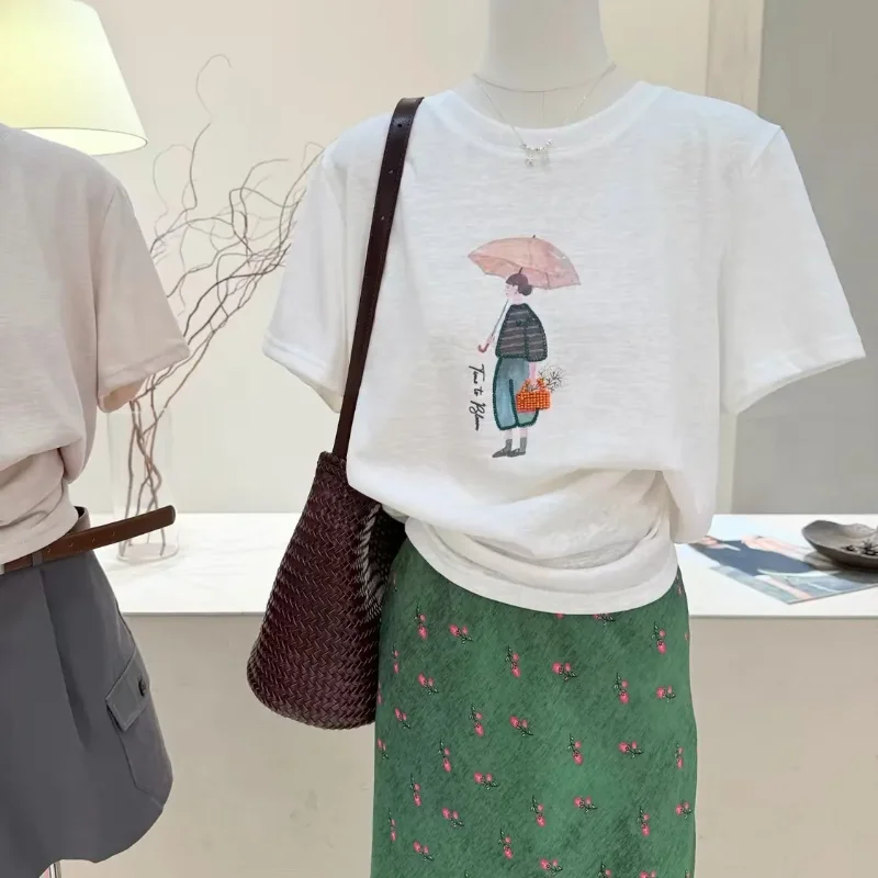 Korean Cartoon Print Thin Short-sleeved T-shirt for Women Summer New Snowflake Cotton Loose Slimming Versatile Casual Top