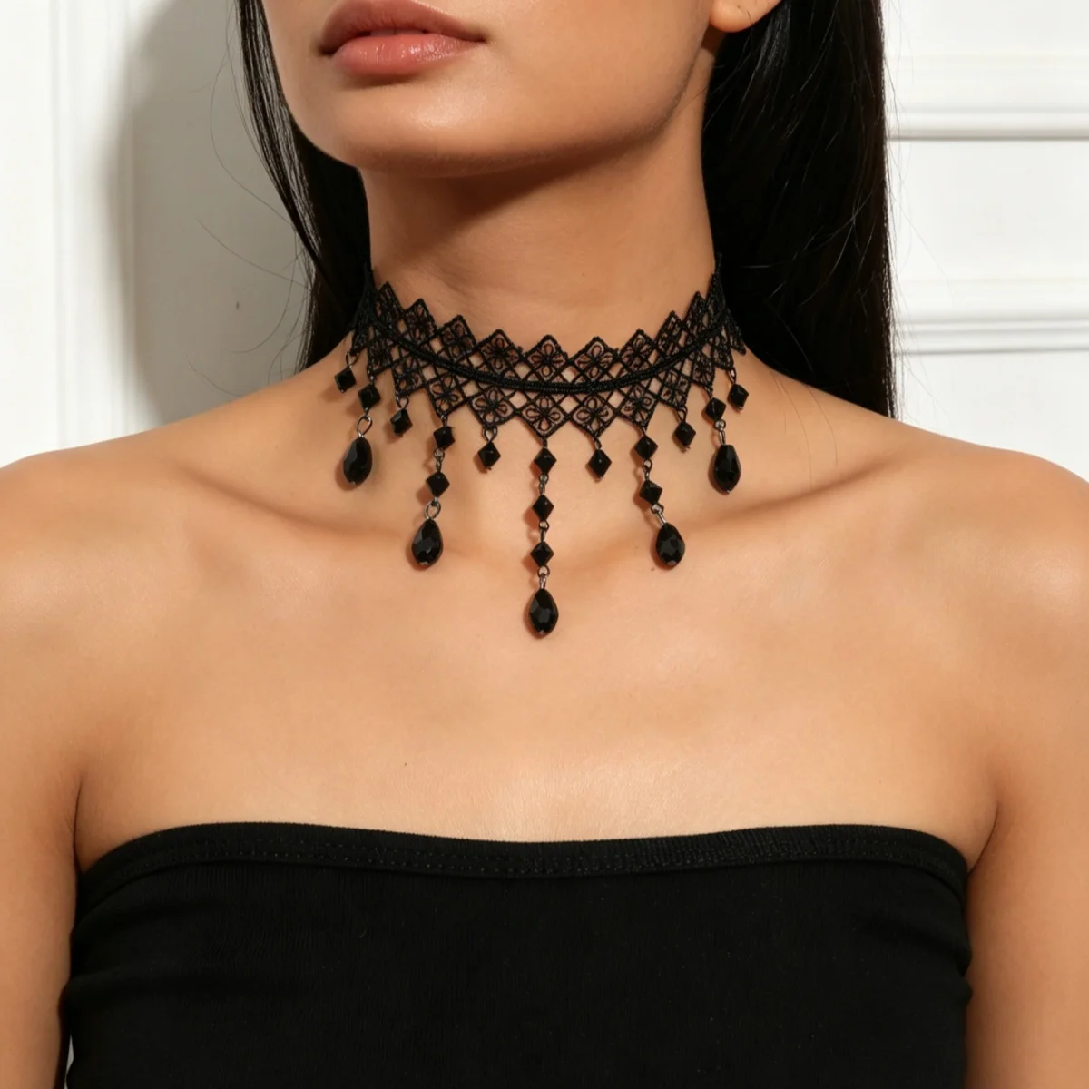Black Lace Necklace Gothic Choker Tassel Hollow Flower Tattoo Waterdrop Rhinestone Necklaces Halloween Wedding Party Jewelry