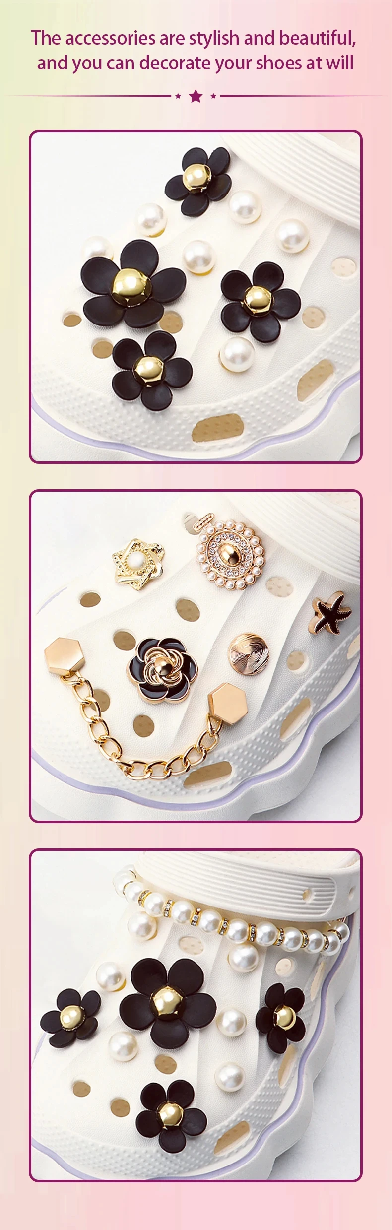 Modisches 1-Set mit Perlen, schwarzen Blumen, Schuhanhänger, Sandalen, Charms, Dekorationsset für Kinder und Frauen, Loch-Schuhzubehör, Neu – Detail 2