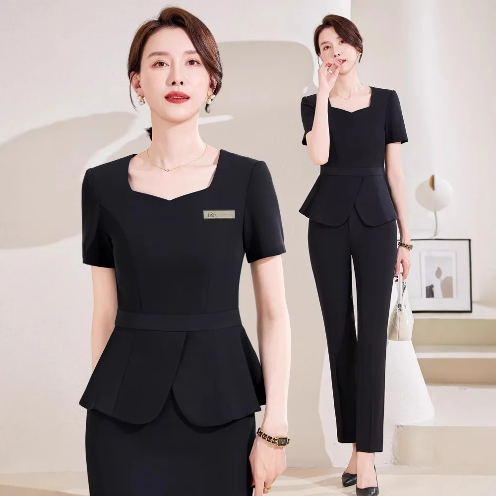 Black Short Sleeve Suit Set for Women Summer Jewelry Store Beauty Salon Work Uniform Professional Personality Front Desk Rece...