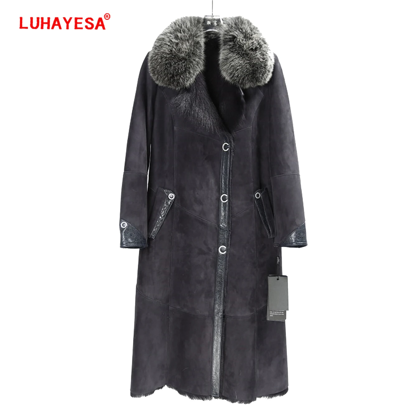 

2023 Women Extra Long Slim Fox Trimmed Real Goat Shearling Fur Clothes