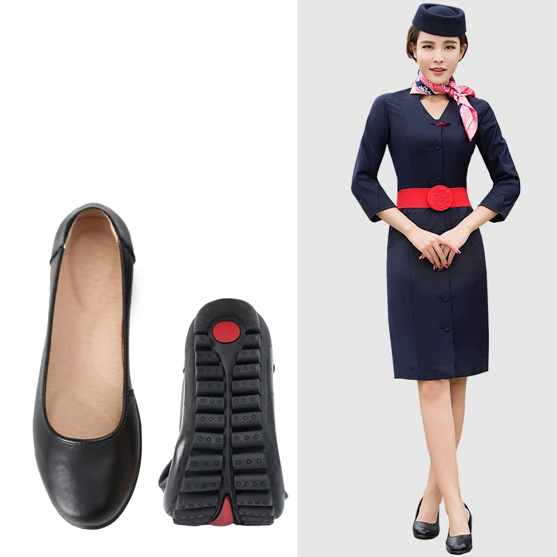 

Woman Black Soft Sole Flat Bottom Work Shoes Flight Attendant Heels Round Toe Genuine Leather Airline Stewardess Interview Shoes