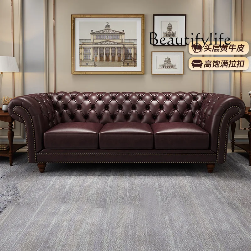 American Leather Sofa Light Luxury Country Retro Living Room Furniture First Layer Cowhide Lazy Sofa