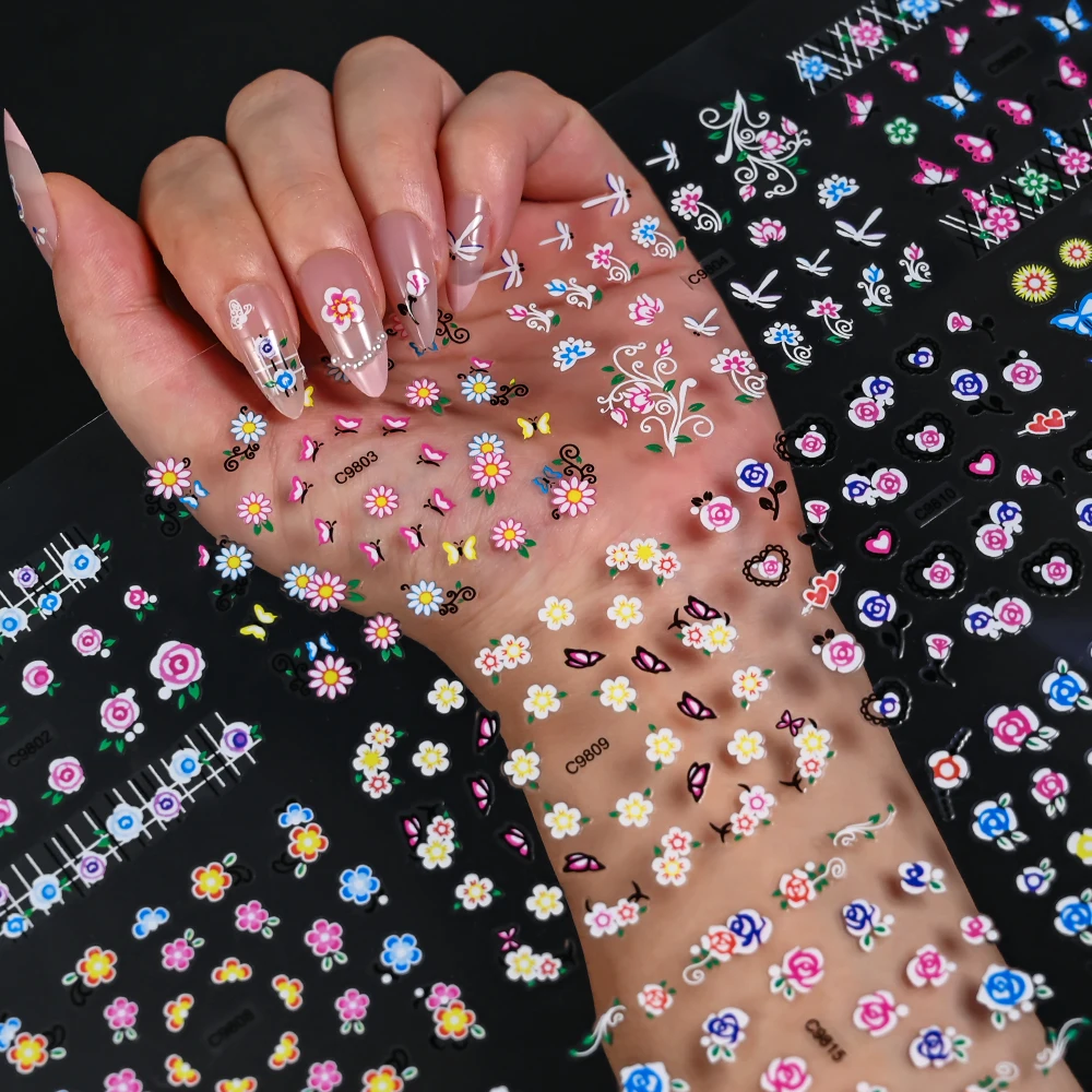 30 stuks kleurrijke vlinder/bloemen nail art stickers 5.5. *6,5 cm goud/zilver bloemen zelfklevende schuifregelaar schattige bloem manicure sticker
