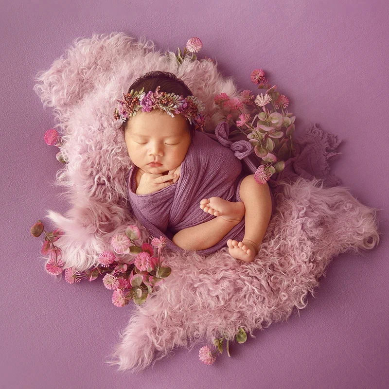 Newborn Photography Props Baby Stretch Wrap Cloth Artificial Flower Headband Sheepskin Blanket Bear Doll Studio Photo Outfit