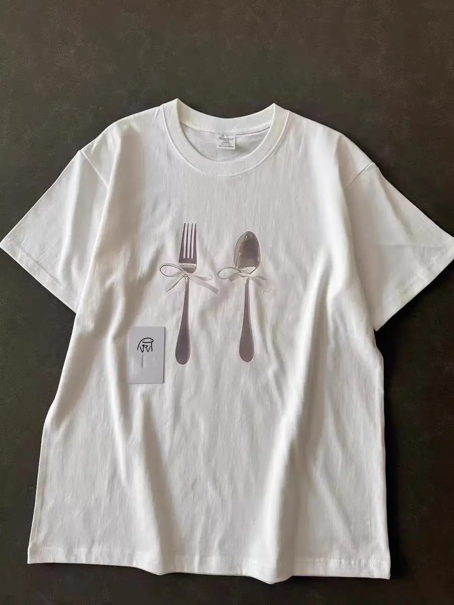 Spoon Fork Bow Print 100% Cotton Elegant T-shirt Womens Casual White Short Sleeve O-neck Streetwear Ladies Summer 2026 Tees Top