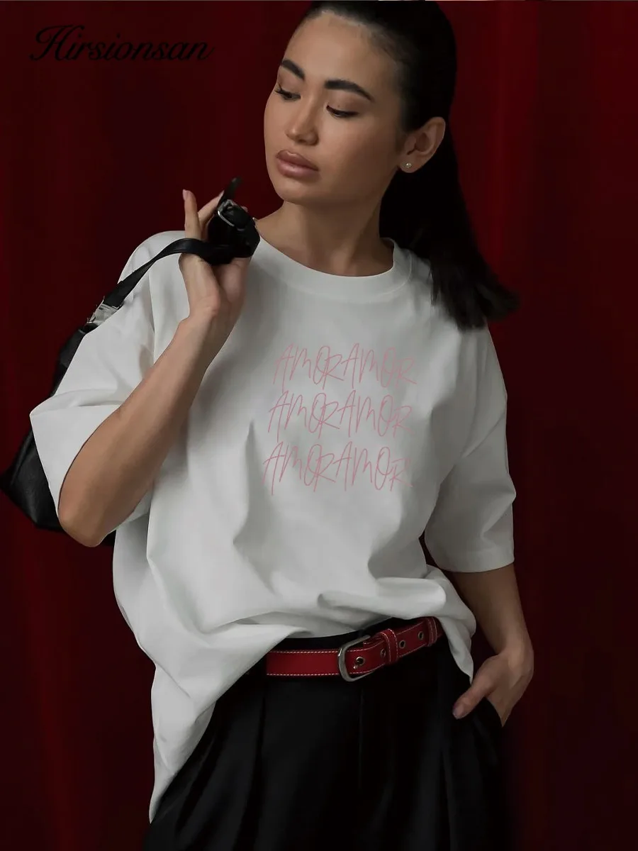 

Футболка Hirsionsan из 100% хлопка для женщин, лето 2026, новая, оверсайз, однотонная, повседневная, элегантная, с круглым вырезом, свободный крой