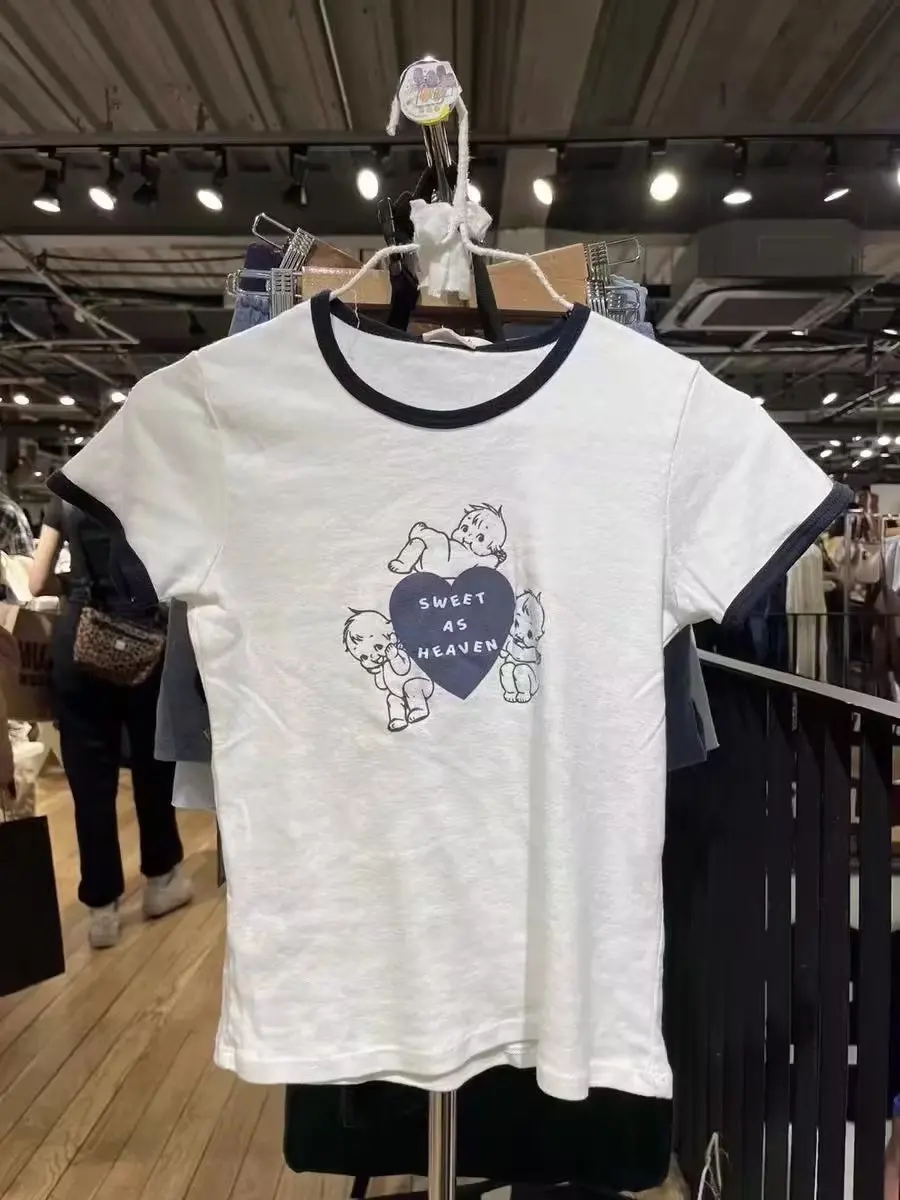 American Retro Angel Heart Print Top High Waist Short T-Shirt Women's Color Block  Cotton Casual Fashion Sweatshirt