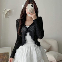 Lace Trim One Button Long Sleeve Crop Top Women Short Sleeve Open Front Ribbed Knit Cardigan Sweater Summer Solid Color Outfit