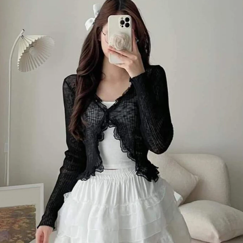 Lace Trim One Button Long Sleeve Crop Top Women Short Sleeve Open Front Ribbed Knit Cardigan Sweater Summer Solid Color Outfit