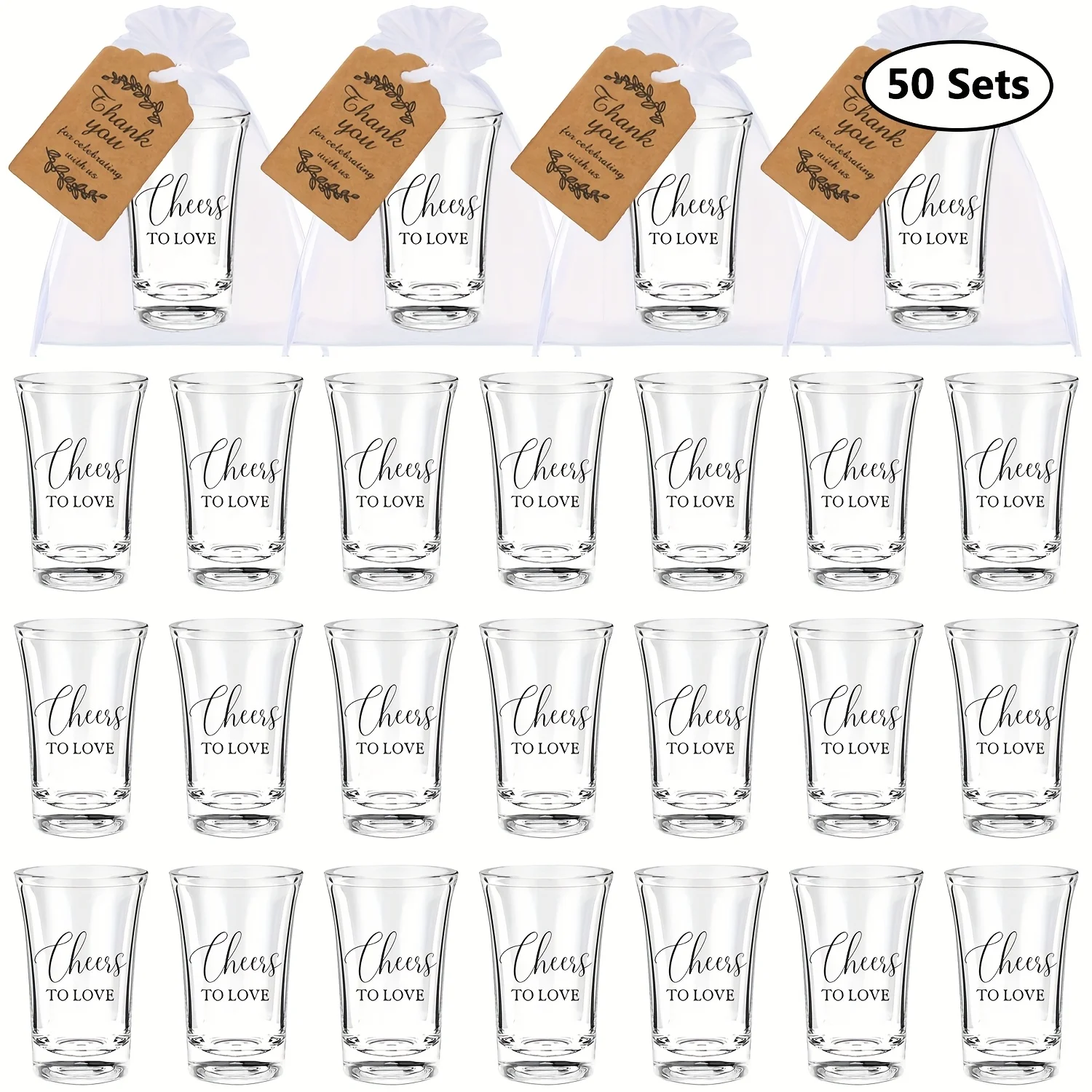 50 juegos de vasos de acrílico para boda, vasos transparentes de 1.2 oz con pegatinas 'Cheers to Love', etiquetas de papel kraft y bolsas de regalo, adecuados para recuerdos de fiesta de bodas y regalos de agradecimiento.