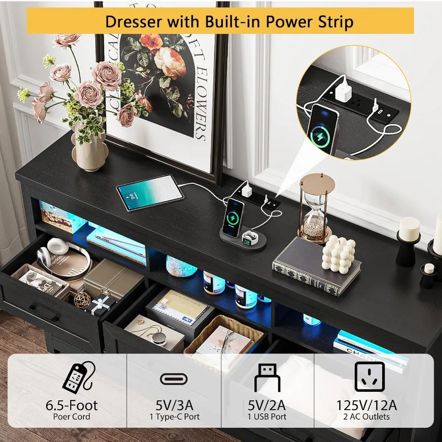 خزانة مزرعة حديثة ذات 9 أدراج مع أضواء LED مدمجة 63 خزانة تخزين كبيرة واسعة لغرفة النوم وغرفة المعيشة والممر المثالي #5